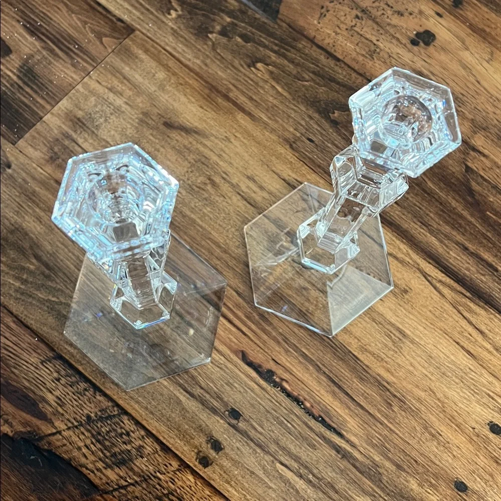 Vintage Pair of Val St. Lambert Gardenia Crystal Candlesticks Like New Signed